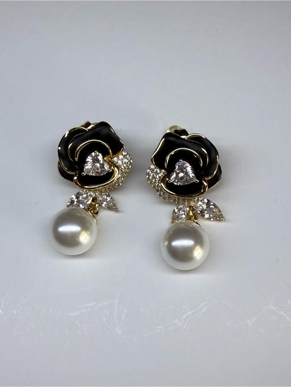 Gold-Tone Black Rose Earrings with White Pearl Drops